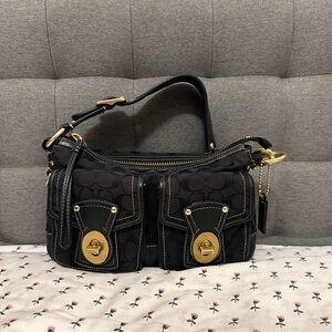 SOLD-Vintage Coach legacy turnlock bag 65th anniversary signature black gold Y2K